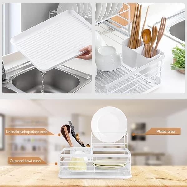 2-Tier Dish Drying Rack Kitchen Counter Plate Drainer Storage Organizer with Drain Board and Cutlery Holder - White White