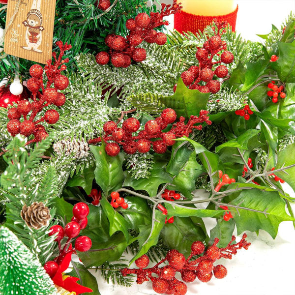12 stk Glitrende Røde Bær Grener 8,3 Tommer Kunstige Frukt Bær Plukker Holly Bær Kvist for Juletrepynt DIY Håndverk Jul Rød