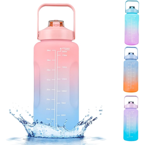(pink) Sports Vandflaske 2 Liter BPA-Fri Vandflaske med Tidsmarkering, Motiverende Vandflaske med Strå, Lækagesikker pink