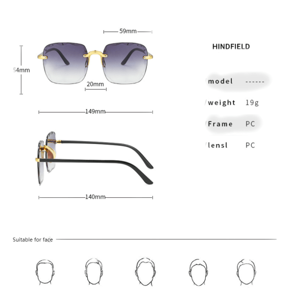 Firkantede kantløse solbriller Sommerrøde briller Motesolbriller
