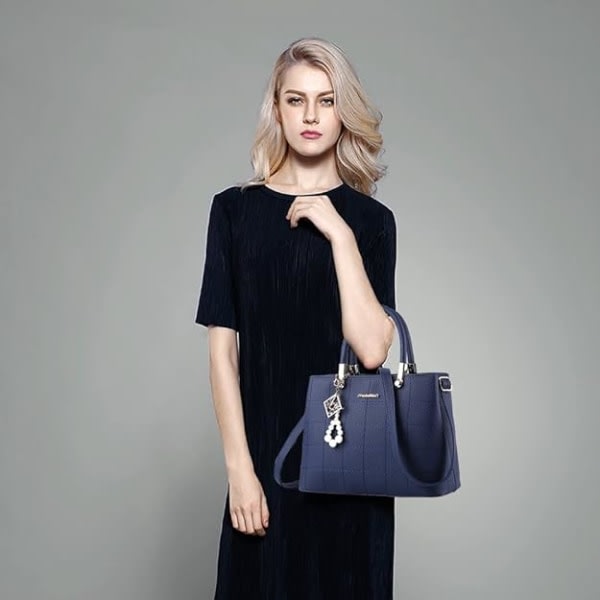Handväska Dam Axelväska Mode Dam PU Läder Tote Messenger Väska med Plyschboll (Uppgraderad Version, Blå)