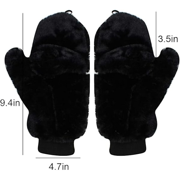 Vinterhansker for kvinner, myke og fluffy, vindtette fleece-hansker med varm vott-deksel for jenter Black