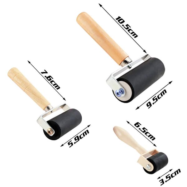 Pakke med 3 gummivalser for pressing, blekking og stempling, tilgjengelig i størrelsene 4 tommer, 2,4 tommer og 1,4 tommer