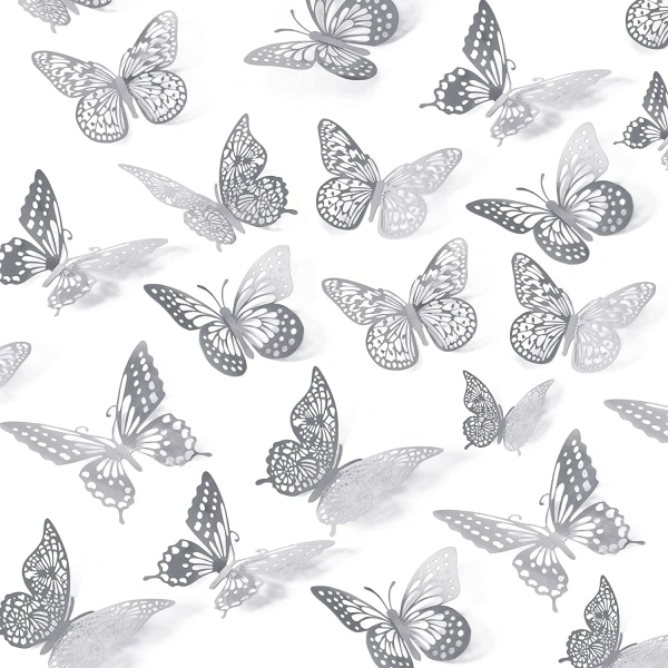 3D Butterfly Väggdekor 48st, Silver Butterfly