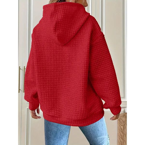 Waffle Grid Kænguru Lomme Hoodie - Cozy Langærmet Trøje med Snøre for Kvinder
