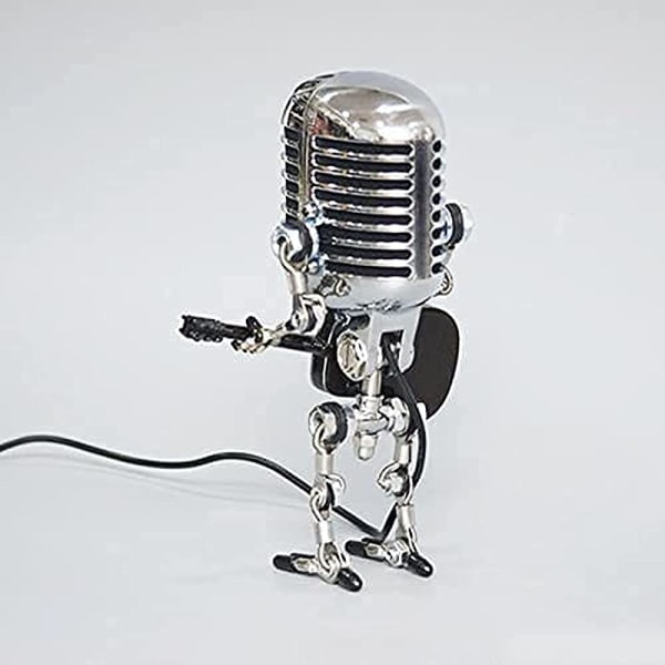 Vintage pöytävalaisin mikrofonilla ja robotilla, kosketusnäyttö, pöytälamppu, pöytälamppu, retro pöytäla