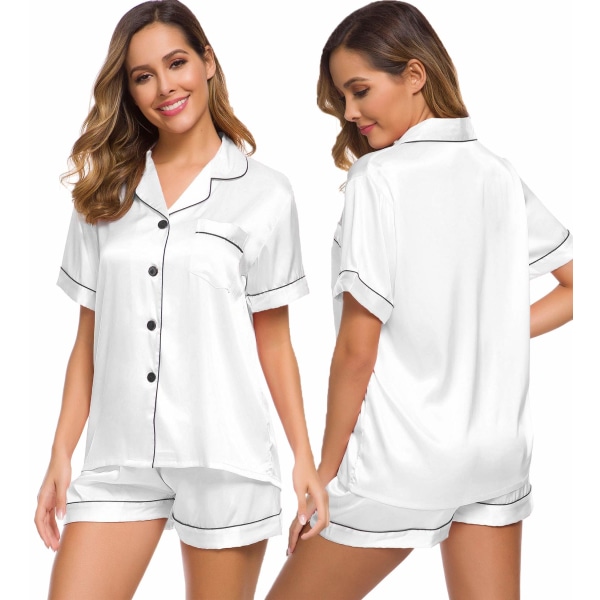 Satinpyjamas for damer, kort pyjamas for damer med knapp, V-hals White XL