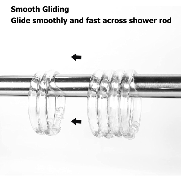 12 kpl ensiluokkaisia muovisia suihkuverhon renkaita, jotka liukuvat helposti tavallisilla suihkutangoilla, helppo napsautuskiinnitys (kirkas, O-muoto)