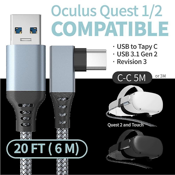 Link-kabel för Oculus Quest 2 Snabbladdning & PC-dataöverföring USB C 3.2 Gen1 5gbps Pd-överföringsladdningskabel Vr-headset Link-kabel Grå Grey 6M