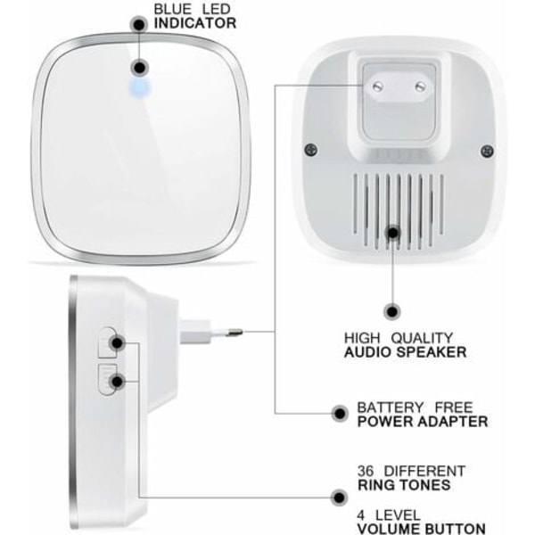 Trådløs elektrisk dørklokke, vanntett 300 meter rekkevidde, sett med LED-blits og 36 ringetoner, 4 nivåer