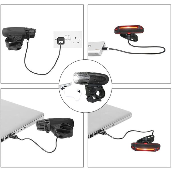 Sykkellys, oppladbart vanntett LED-sykkellys med USB-kabel, 4 justerbare moduser + 2 gratis kjørelys
