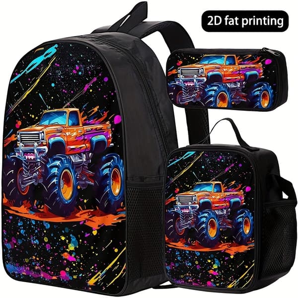 [Cool Truck Backpack] 3-piece set with cool truck backpack - Lightweight polyester, vibrant monster truck design | Unisex, adjustable strap