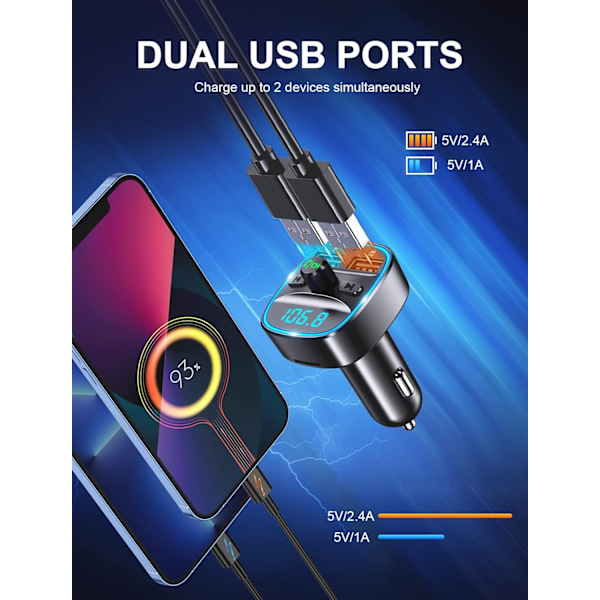 Bluetooth Billadapter, Bluetooth FM-sender til bil MP3-afspiller FM-sender, håndfri opkald, to USB-porte (5V/2.4A & 1A), LED-display
