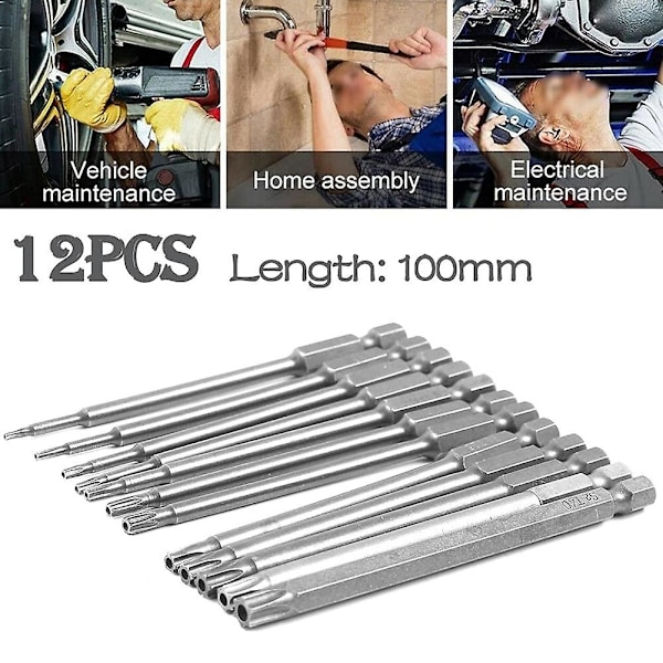 13-delt 100 mm Torx langt skruetrækkerbitsæt, magnetisk Torx bitsæt T6-T40, 1/4 tomme sekskantet elektrisk skruetrækker