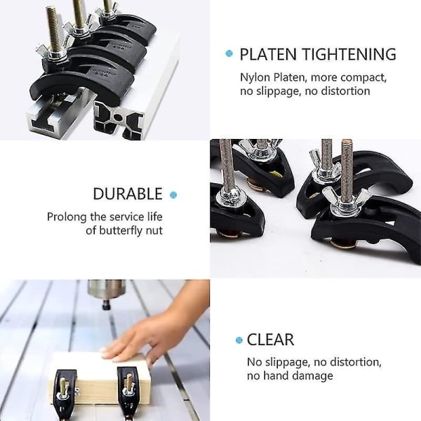 4 st T-spårklämmor, bågformad pressplatta, justerbar CNC-graveringsmaskin, T-spårklämmor, fixtur, fästplatta, router för T-spår