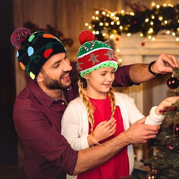 2 Pak Jule-LED Lysende Strikket Hue Farverige Blinkende Julefest Tilbehør (Én Størrelse Passer De Fleste)