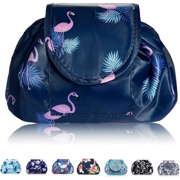 Lazy Drawstring Make up Bag Portable Large Travel Cosmetic Bag Pouch Travel Makeup Pouch Storage Organiser for Women Girl (Dark Blue Flamingo)