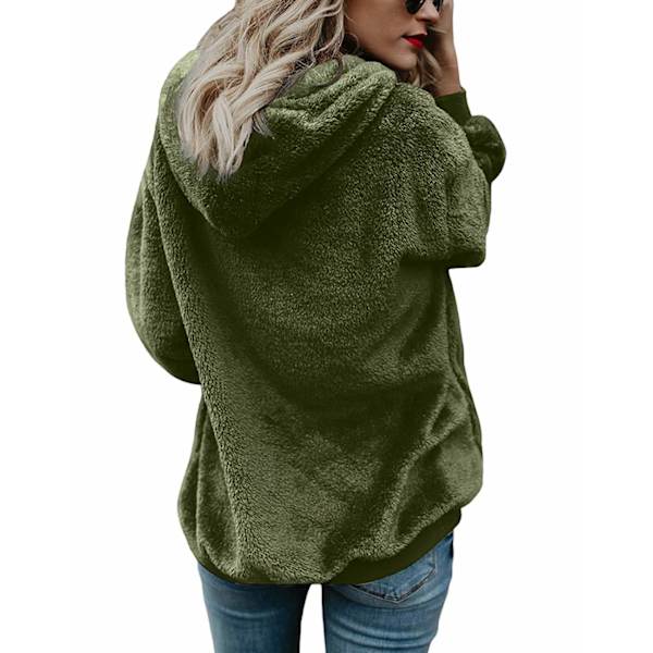Damegenser med hette i teddyfleece, høst og vinter army green L