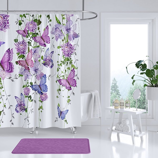 Lilla Bruseforhæng med Sommerfugle Bruseforhæng til Badeværelse, Sommer Bruseforhæng Lavendel Lilla Rosa 12 Kroge, 72X72 Tommer