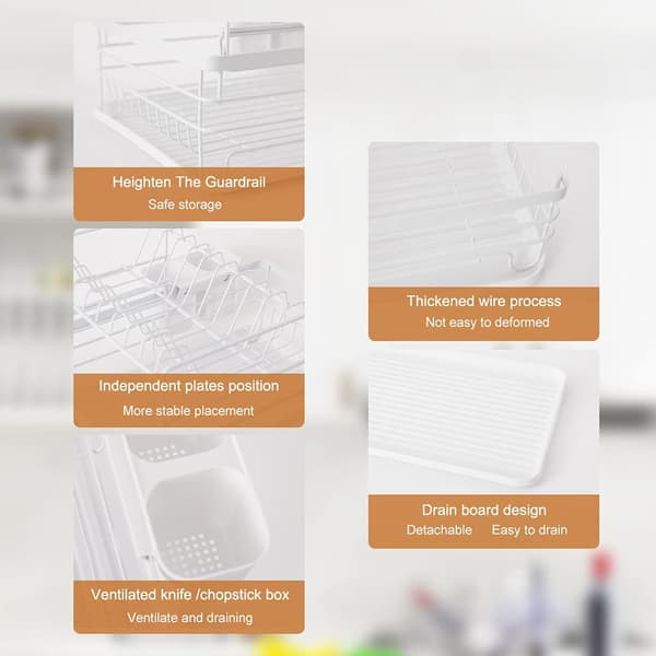 2-Tier Dish Drying Rack Kitchen Counter Plate Drainer Storage Organizer with Drain Board and Cutlery Holder - White White