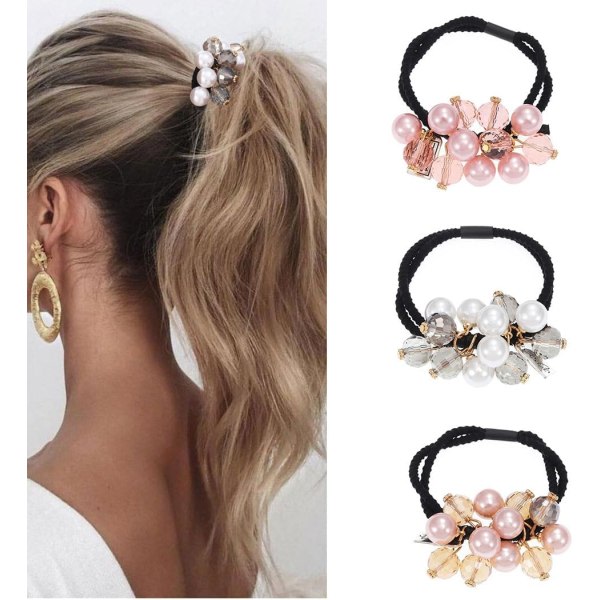 Pearl hårband Elastiska hår Scrunchies Crystal Pearl hästsvanshållare Håraccessoarer för kvinnor och flickor (paket med 3)