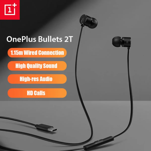 OnePlus Bullets 2T-hovedtelefon Type-C In-Ear-hovedtelefon med fjernbetjening Mic 1,15M-kabel Kompatibel med OnePlus 7 8 Pro 6 7 T-telefoner