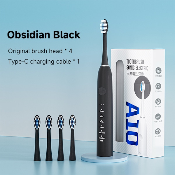 Vedenkestävä kannettava sähköhammasharja, jossa 4 harjaspäätä ja 18 tilaa (Obsidian Black) Obsidian Black