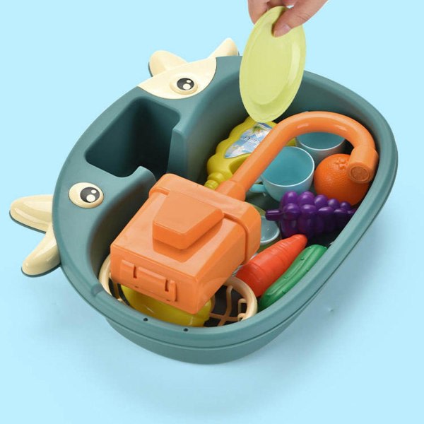 Simulering av lekevask for barn - Kjøkkensett for barn med elektrisk sykkelsystem - Frukt- og bestikkeleker - rennende vann