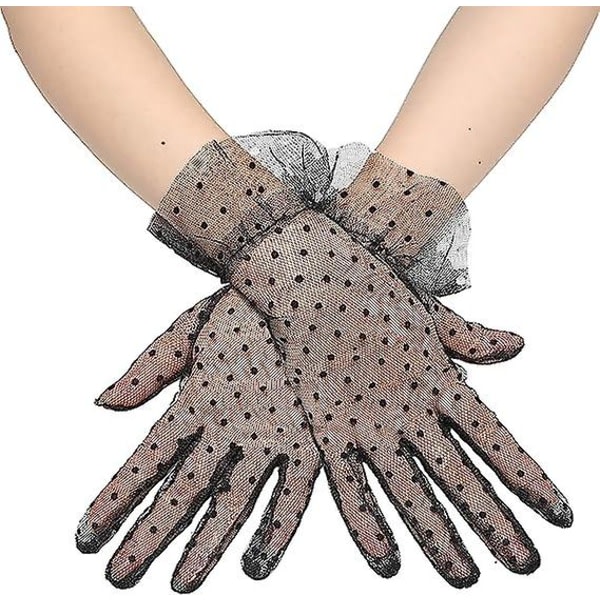 Sort - 1920'er handsker til kvinder med blonder Klassiske korte handsker til kvinder til bryllupsfest Opera karneval kostume