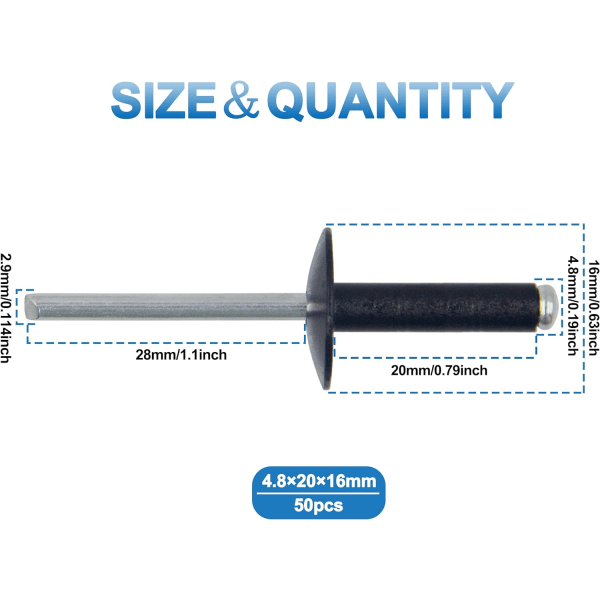 50 stk stor flens aluminium blindnagler 4,8 mm x 20 mm Pakke med 50 stk (svart)