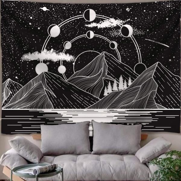 Zussun Mountain Moon Tapestry Stars River Black and White Art Tapestry Seinään ripustettava kodin sisustus (50" x 60")