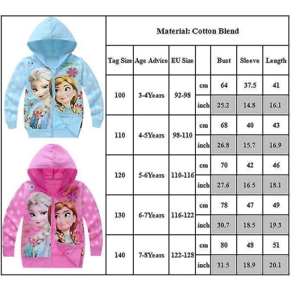 Frozen Elsa Anna Print Long Sleeve Hoodie Jacket Kids Girls Casual Hooded Coat Full Zip Outerwear