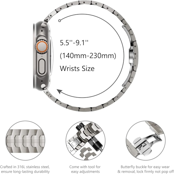 Apple Watch Ultra Mænds Rem 49mm 45mm 44mm 42mm Mænds Serie Metalrem til iWatch Rustfrit Stål Rem Sølv Silver 38/40/41mm