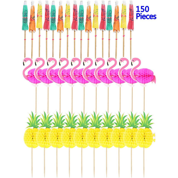 150 stykker Tropical Hawaiian Cupcake Toppers Sommer Flamingo Ananas Cocktail Paraply Cupcake Toppers Cocktail Picks Festutstyr