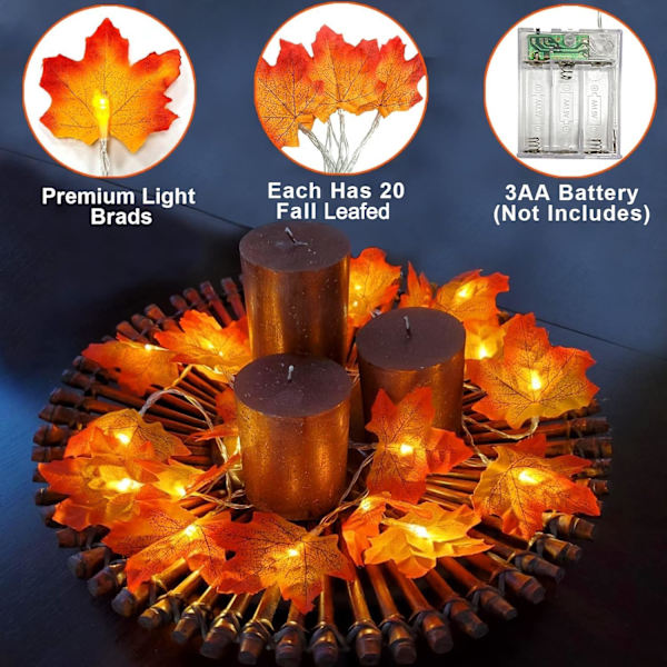 2-pack Höstdekoration Förstorad Lönnlöv Halloween Höstdekorationer för Hemmet Höstlampor Tjocka Löv Girlander, Totalt 20 fot 40 LED Batteridriven