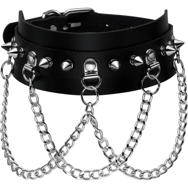 Gotisk Choker Spike Nit med 3-lagers kedja Justerbar Punk PU Läder Halsband Krage