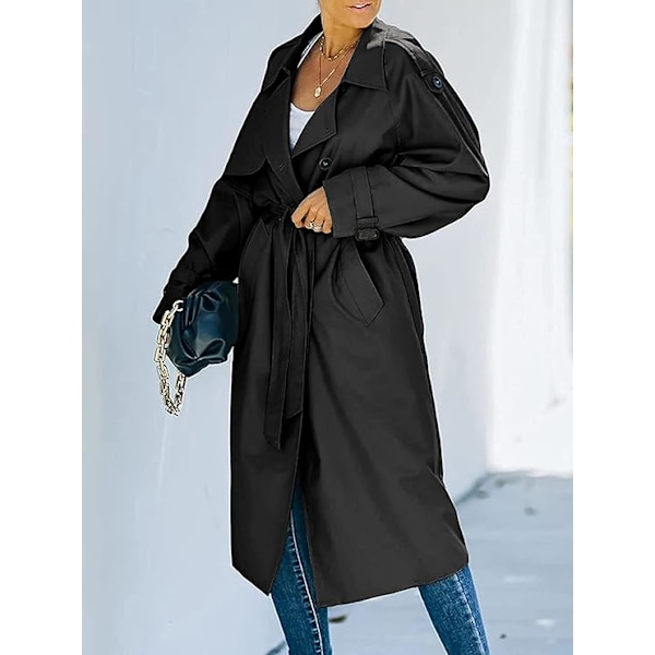 Loalirando - Trenchcoat Dubbelknäppt Klassisk Lång Jacka Vindtät Höst Vårjacka black XXL
