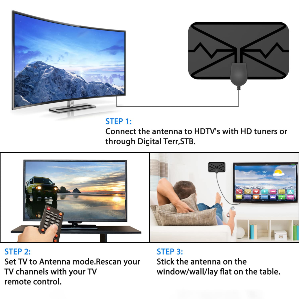 2024 Digital TV-antenne: HD Innendørsantenne 4K 1080p, 360° mottak, signalforsterker, 5 meter koaksialkabel
