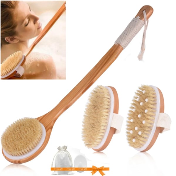 3-delad badborste med långa trähandtag & ryggborste & spa-set, massageborste ryggborste kroppsborste