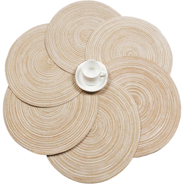 Runde flettede plassmatter, sett med 6 vaskbare runde plassmatter for kjøkkenbord 15 tommer runde bordmatter (Beige, 6)