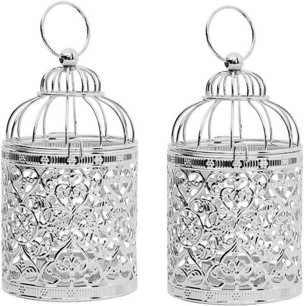 2-pack hängande dekorativ ljuslykta i metall för heminredning, silver