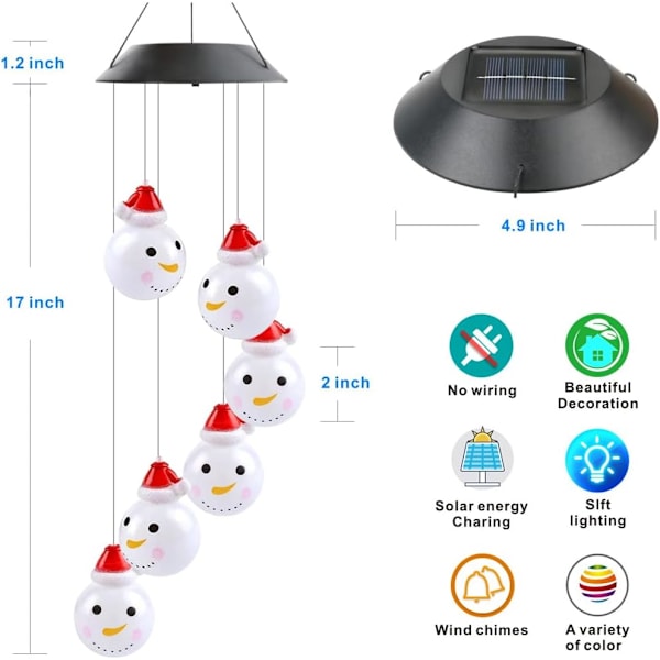 Jul solcells vindspel, tomte snögubbe mobil hängande LED färgförändrande vindspel för inomhus och utomhus trädgård uteplats gård dekoration (snögubbe)
