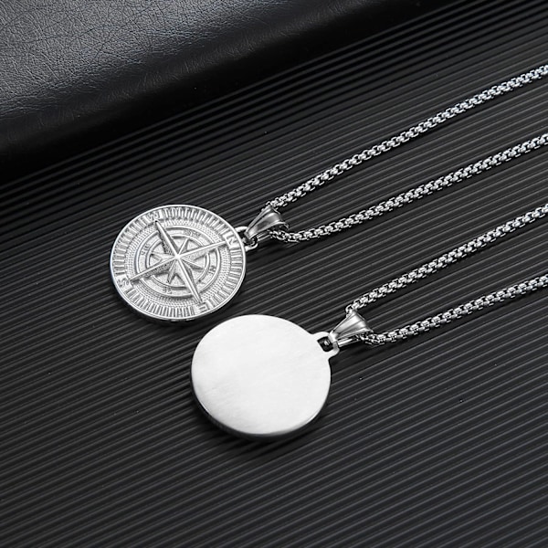 Halsband med kompasshänge i rostfritt stål för män, Navigator, smidd för män Silver