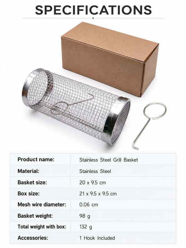 Grillkurv i rustfrit stål, Rullende grillbur med krog, 20 cm 20cm