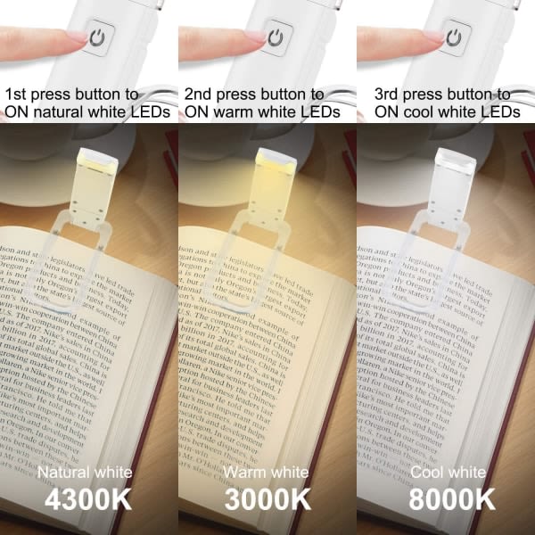 Boklampor USB uppladdningsbar läslampa för böcker i sängen på natten, 3 lägen LED Clip on Light Kid Book Light, bärbar