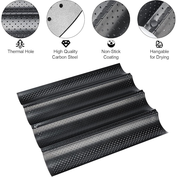 Baguette bageplade, perforerede franske baguetteforme til 4 baguettes black