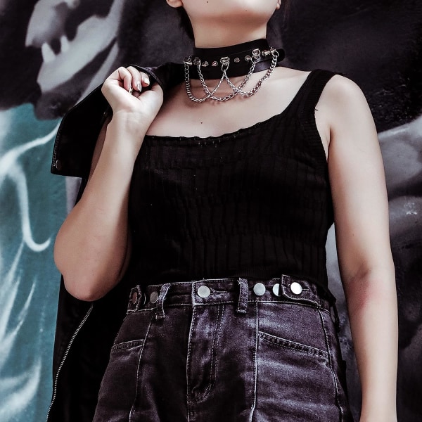 Gotisk Choker Spike Rivet med 3 Lags Kæde Justerbar Punk PU Læder Halskæder Krave