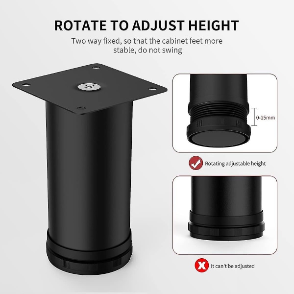 4 stk 12 cm sorte justerbare møbelben i rustfritt stål