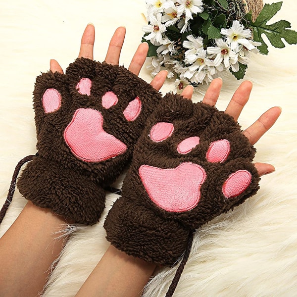 Kvinder Bear Plys Cat Paw Claw Glove Bløde vinterhandsker Fingerløse handsker (brune)