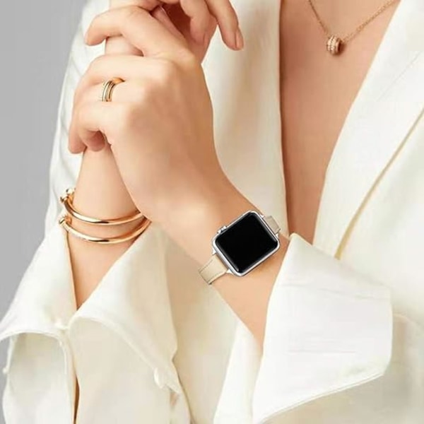 Slanke lærreimer kompatible med Apple Watch Band 38mm 40mm 41mm, Toppkorn Lærklokke Tynn Armbånd for iWatch Ultra SE-serie White